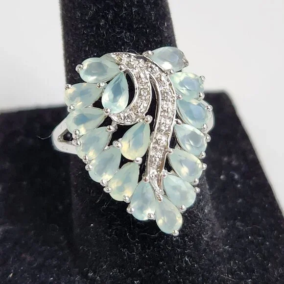 Retired 925 Cluster Teardrop Blue Leaf Aquamarine & White Zircon Size 7 Ring - Picture 9 of 16
